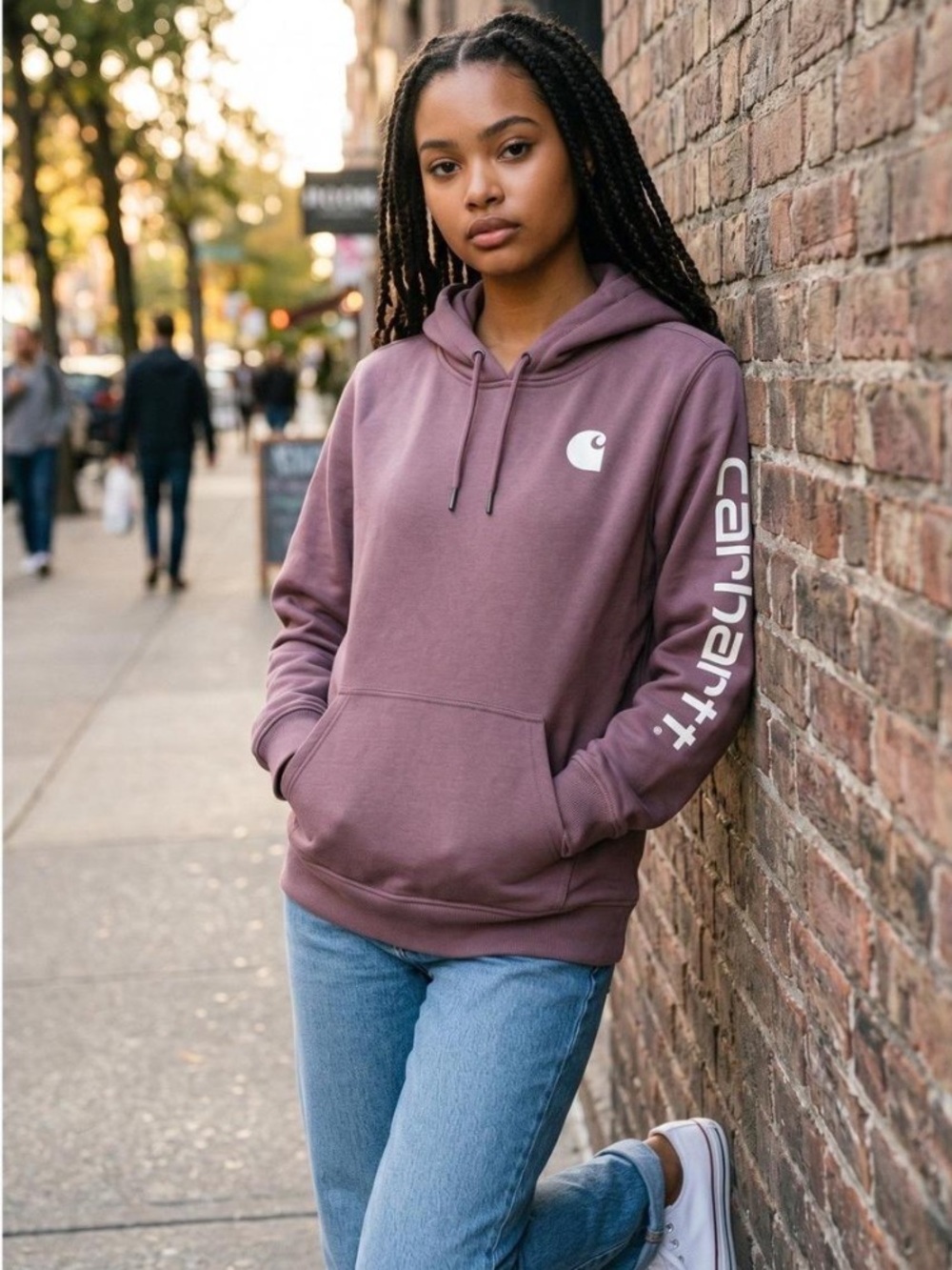 Carhartt | Junior Girls Mauve Relaxed Fit Kangaroo Pocket Pullover Logo Hoodie L